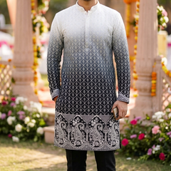 Kurta Fabric ManTire Designer Silk Scallop lattice Embroidery Colour Dark Charcoal, Navy Black, Muted Green N White