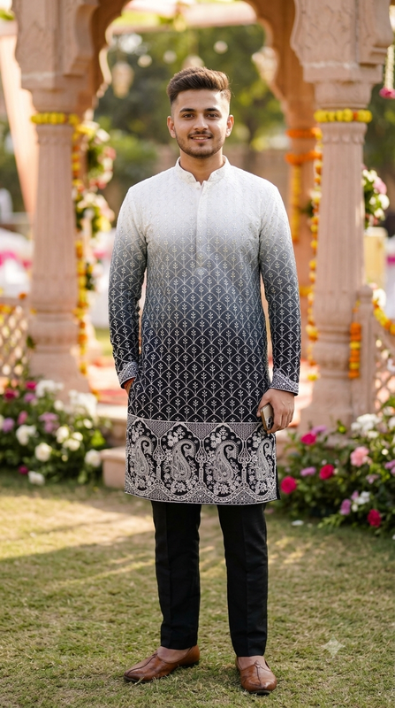 Kurta Fabric ManTire Designer Silk Scallop lattice Embroidery Colour Dark Charcoal, Navy Black, Muted Green N White