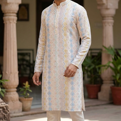 Kurta Fabric ManTire Designer Silk Geometric Chevron  Colour Cerulean,Blush Pink,Mustard Yellow N White