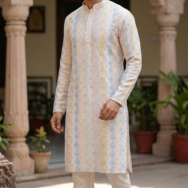 Kurta Fabric ManTire Designer Silk Geometric Chevron  Colour Cerulean,Blush Pink,Mustard Yellow N White