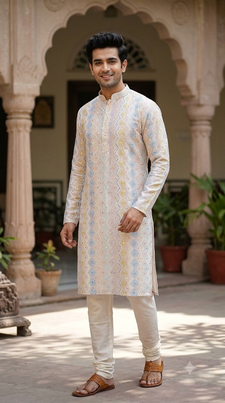 Kurta Fabric ManTire Designer Silk Geometric Chevron  Colour Cerulean,Blush Pink,Mustard Yellow N White