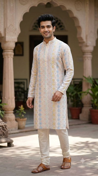 Kurta Fabric ManTire Designer Silk Geometric Chevron  Colour Cerulean,Blush Pink,Mustard Yellow N White