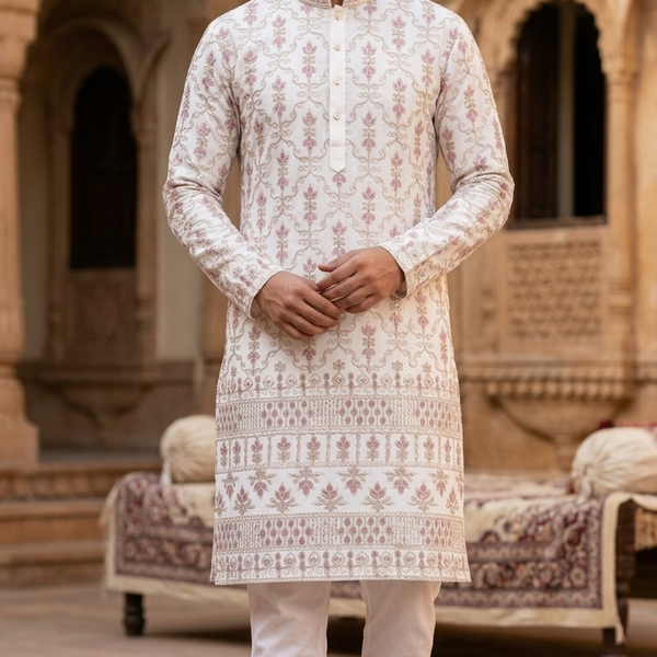 Kurta Fabric ManTire Designer Silk Lucknowi Chikankari with Sequin Work Colour Pastel Pink N White