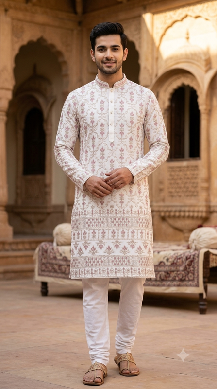 Kurta Fabric ManTire Designer Silk Lucknowi Chikankari with Sequin Work Colour Pastel Pink N White
