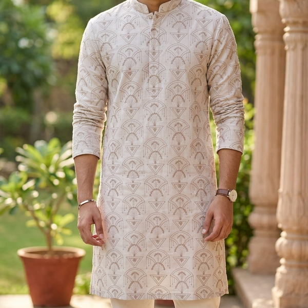 Kurta Fabric ManTire Designer Silk Art Deco Geometric Embroidery Colour Dusty Rose