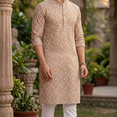 Kurta Fabric ManTire Designer Silk Tepchi Work Embroidery Colour Light Orange