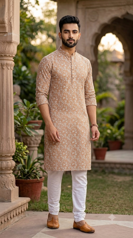 Kurta Fabric ManTire Designer Silk Tepchi Work Embroidery Colour Light Orange
