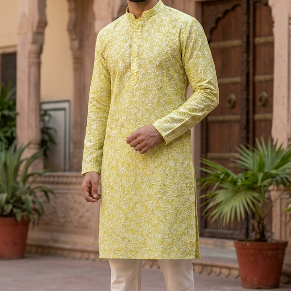 Kurta Fabric ManTire Designer Silk Jasmine Embroidery Colour Lemon