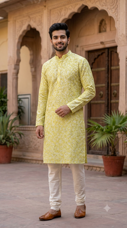 Kurta Fabric ManTire Designer Silk Jasmine Embroidery Colour Lemon