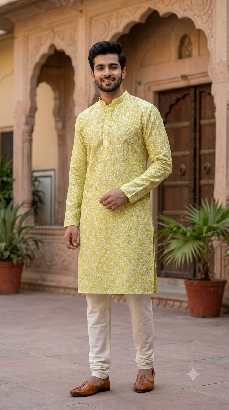 Kurta Fabric ManTire Designer Silk Jasmine Embroidery Colour Lemon