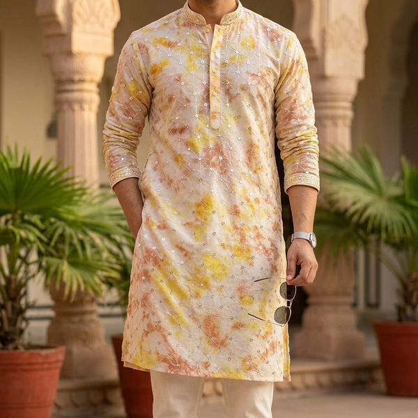 Kurta Fabric ManTire Designer Silk Geometric Chevron  Colour Yellow N Peach Pink