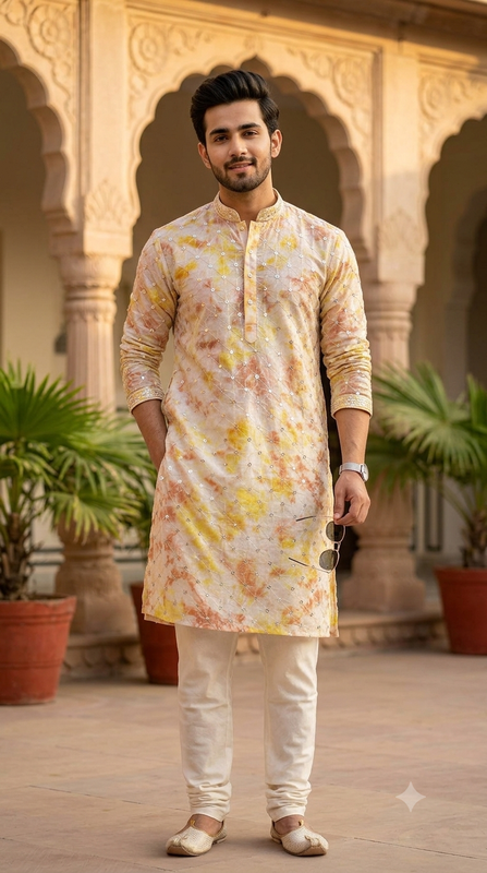 Kurta Fabric ManTire Designer Silk Geometric Chevron  Colour Yellow N Peach Pink