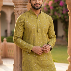 Kurta Fabric ManTire Designer Silk Art Deco Geometric Embroidery Colour Golden