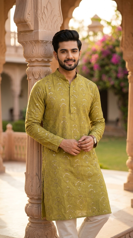Kurta Fabric ManTire Designer Silk Art Deco Geometric Embroidery Colour Golden