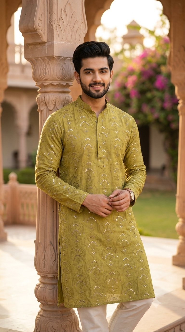 Kurta Fabric ManTire Designer Silk Art Deco Geometric Embroidery Colour Golden