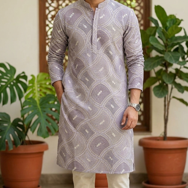 Kurta Fabric ManTire Designer Silk Geometric Lattice Embroidery Colour Light Lavender,Blush Pink N Light Green