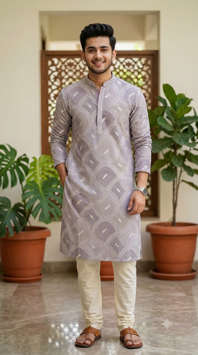 Kurta Fabric ManTire Designer Silk Geometric Lattice Embroidery Colour Light Lavender,Blush Pink N Light Green