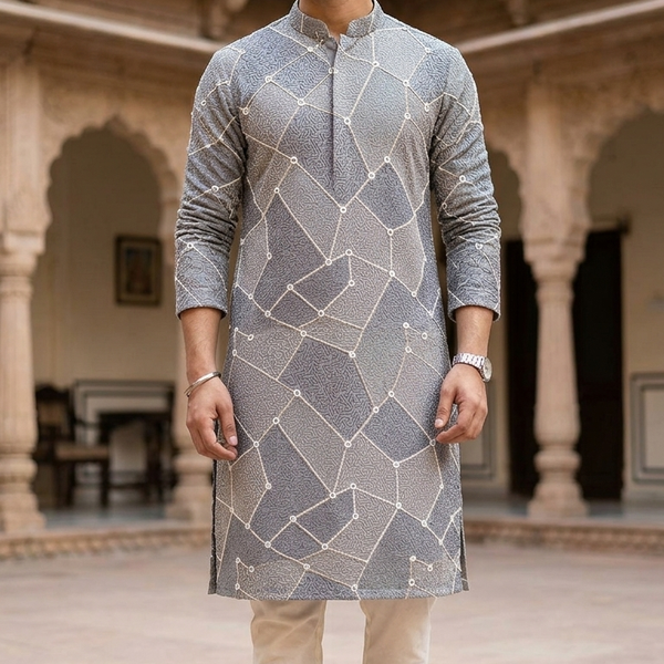 Kurta Fabric ManTire Designer Silk vermicelli patchwork Embroidery Colour Light Green N Light Pink