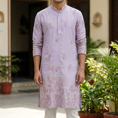 Kurta Fabric ManTire Designer Silk Tree Embroidery Colour Faded Lavender