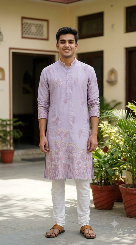Kurta Fabric ManTire Designer Silk Tree Embroidery Colour Faded Lavender