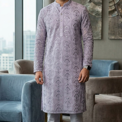 Kurta Fabric ManTire Designer Silk Art Deco Geometric Embroidery Colour Lavender