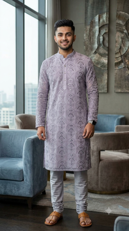 Kurta Fabric ManTire Designer Silk Art Deco Geometric Embroidery Colour Lavender