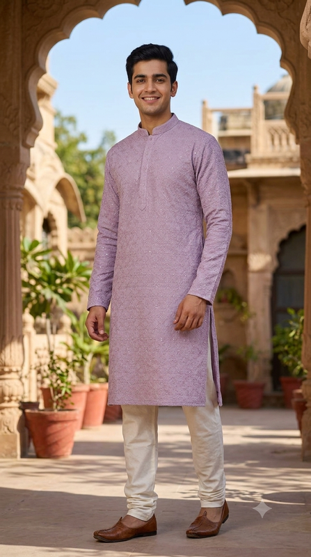 Kurta Fabric ManTire Designer Silk Lucknowi Chikankari with Sequin Work Colour Pastel Pink