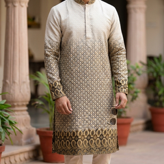 Kurta Fabric ManTire Designer Rayon geometric diamond grid  Embroidery Colour Beige N Off White