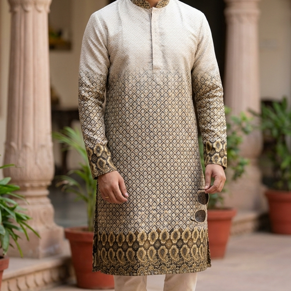 Kurta Fabric ManTire Designer Rayon geometric diamond grid  Embroidery Colour Beige N Off White