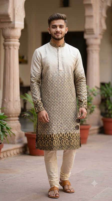 Kurta Fabric ManTire Designer Rayon geometric diamond grid  Embroidery Colour Beige N Off White