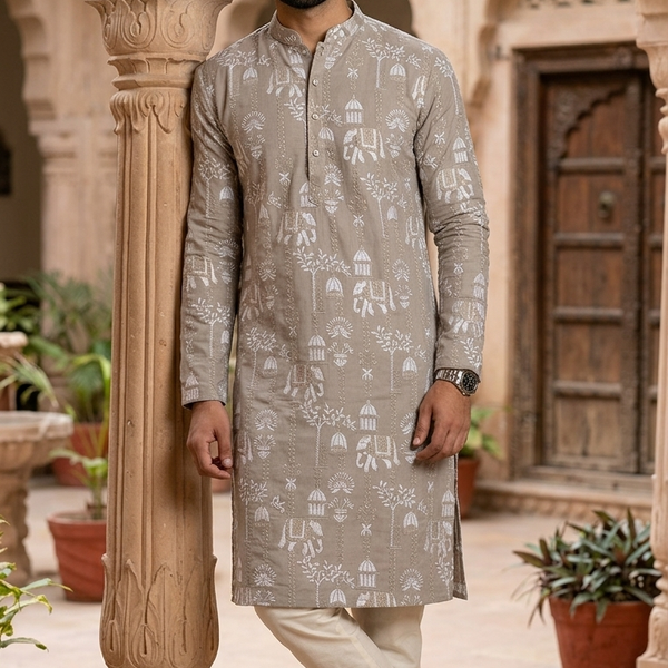 Kurta Fabric ManTire Designer Silk Rajasthani Royal Procession Embroidery Colour Mushroom Grey