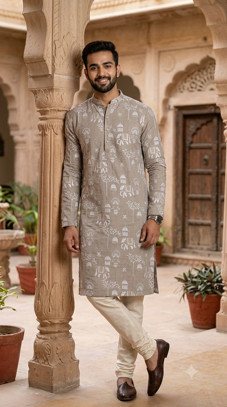 Kurta Fabric ManTire Designer Silk Rajasthani Royal Procession Embroidery Colour Mushroom Grey