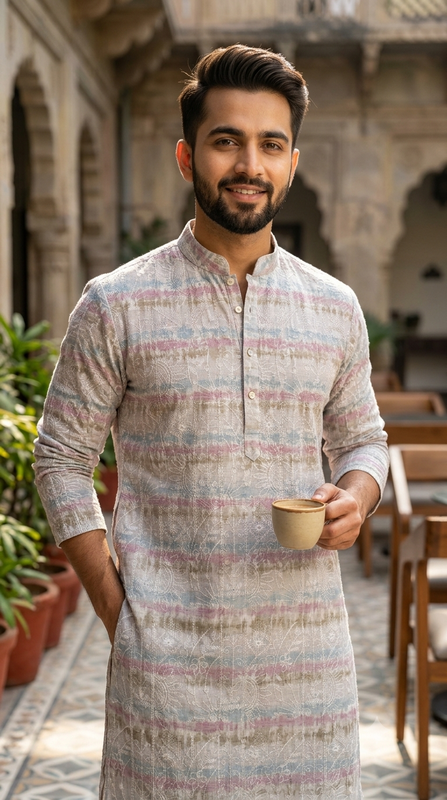 Kurta Fabric ManTire Designer Silk Tie-Dye Embroidery Colour Multicolour