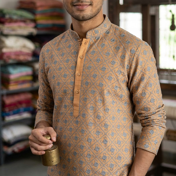 Kurta Fabric ManTire Designer Silk Geometric Pinwheel Grid Embroidery Colour Warm Orange N Grey