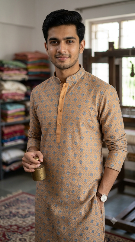 Kurta Fabric ManTire Designer Silk Geometric Pinwheel Grid Embroidery Colour Warm Orange N Grey