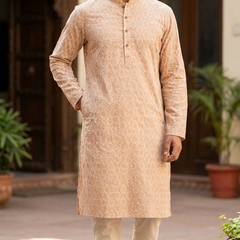 Kurta Fabric ManTire Pure Cotton Indus Flower Embroidery Colour Deep Peach