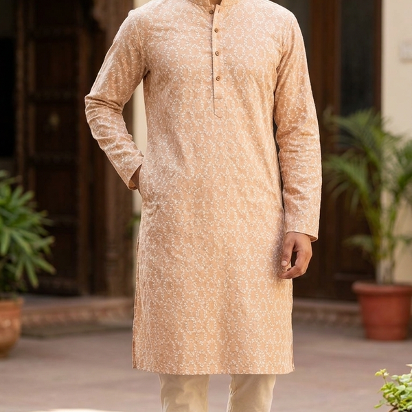 Kurta Fabric ManTire Pure Cotton Indus Flower Embroidery Colour Deep Peach