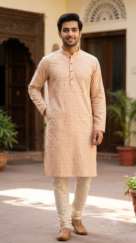 Kurta Fabric ManTire Pure Cotton Indus Flower Embroidery Colour Deep Peach
