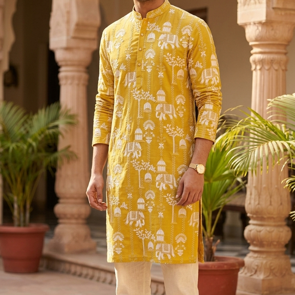 Kurta Fabric ManTire Designer Silk Rajasthani Royal Procession Embroidery Colour Golden