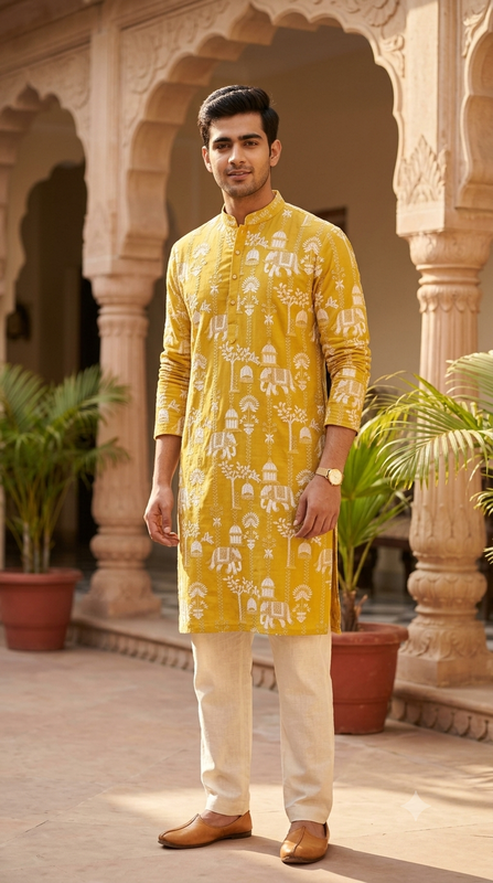 Kurta Fabric ManTire Designer Silk Rajasthani Royal Procession Embroidery Colour Golden