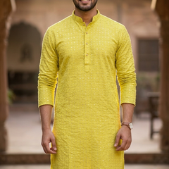 Kurta Fabric ManTire Designer Silk Buti Grid Embroidery Colour Lemon Yellow