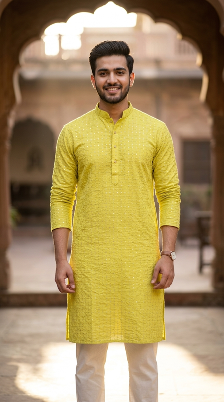 Kurta Fabric ManTire Designer Silk Buti Grid Embroidery Colour Lemon Yellow