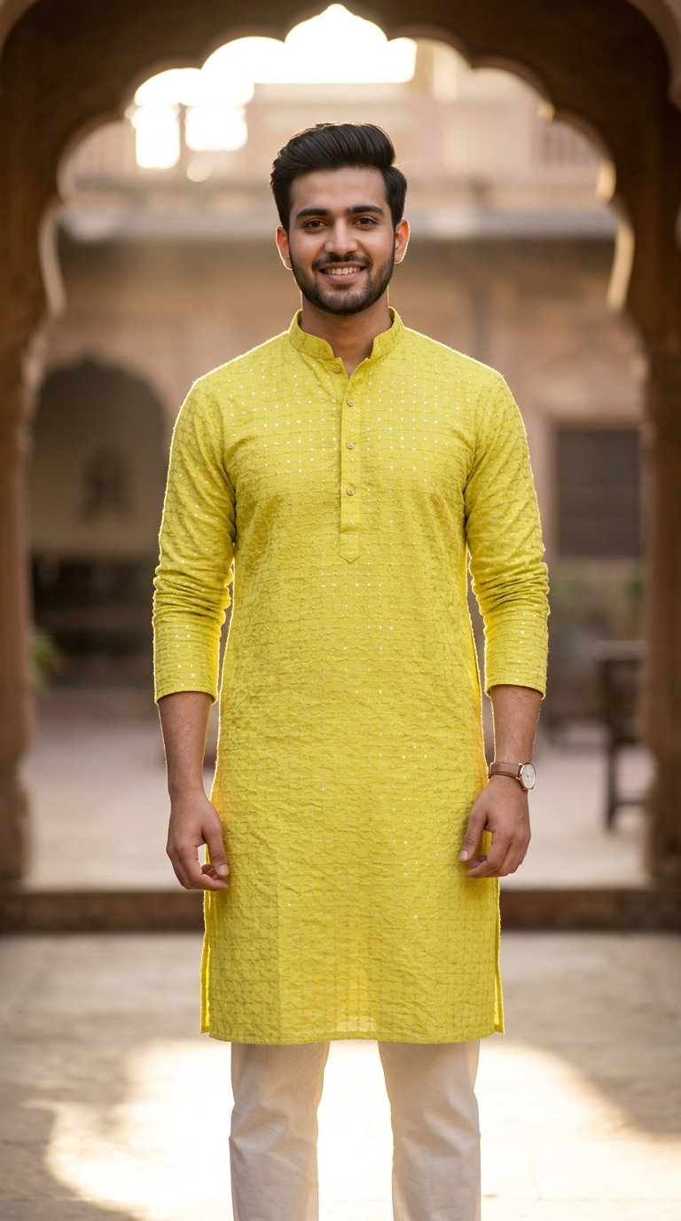 Kurta Fabric ManTire Designer Silk Buti Grid Embroidery Colour Lemon Yellow