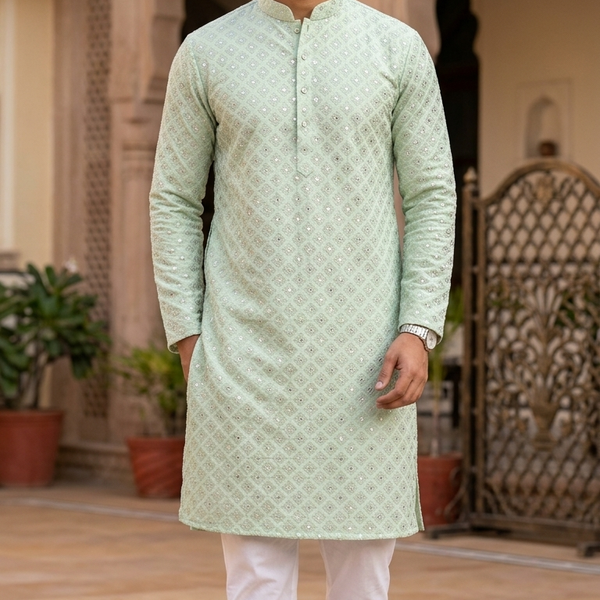Kurta Fabric ManTire Designer Rayon Lucknowi Chikankari Embroidery Colour Mint Green