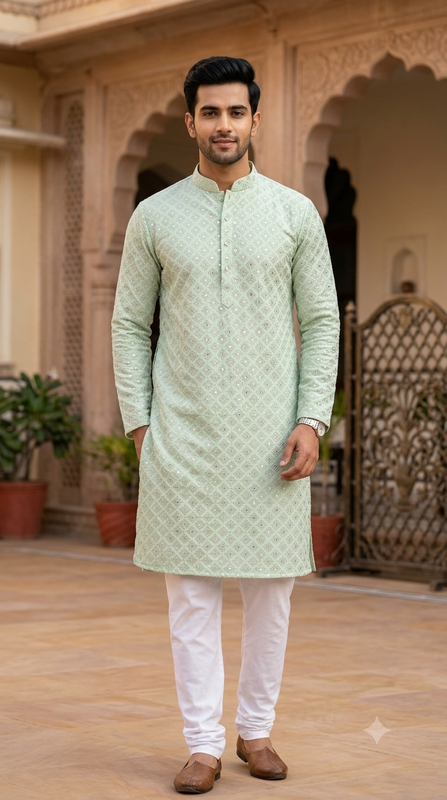 Kurta Fabric ManTire Designer Rayon Lucknowi Chikankari Embroidery Colour Mint Green