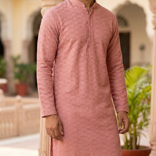 Kurta Fabric ManTire Designer Silk Lucknowi Chikankari with Sequin Work Colour Salmon Pink