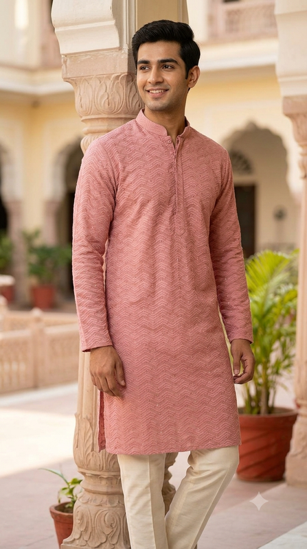 Kurta Fabric ManTire Designer Silk Lucknowi Chikankari with Sequin Work Colour Salmon Pink