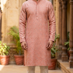 Kurta Fabric ManTire Designer Silk Embroidery Colour Peach