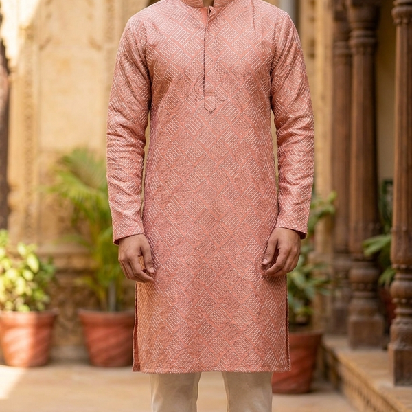 Kurta Fabric ManTire Designer Silk Embroidery Colour Peach