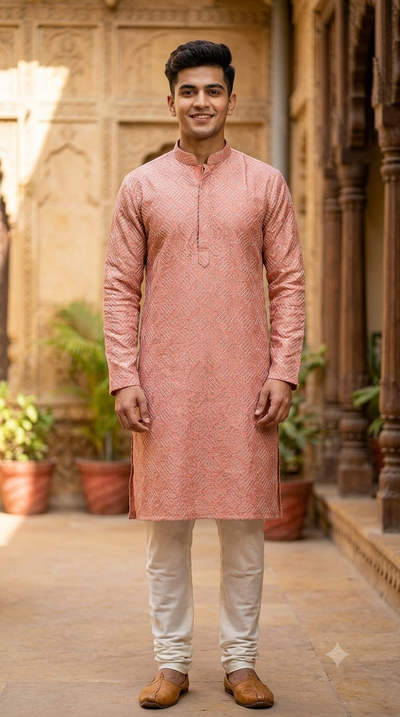 Kurta Fabric ManTire Designer Silk Embroidery Colour Peach